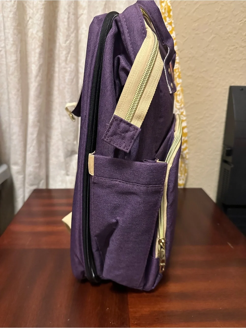 Purple Canvas Multi purpose Baby diaper Bag Backpack with Beige Trim